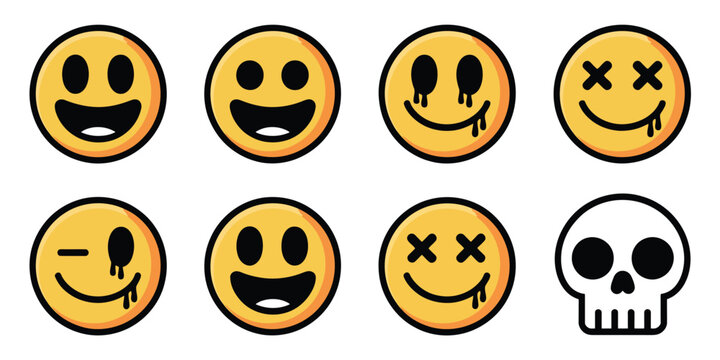 A collection of yellow emoji faces with varying expressions and a white skull on a white background