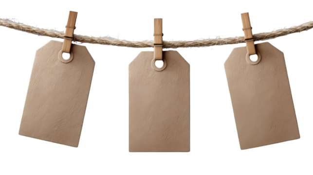 Three Blank Brown Rectangular Tag Mockups Hanging on a Clothesline with Wooden Clothespins