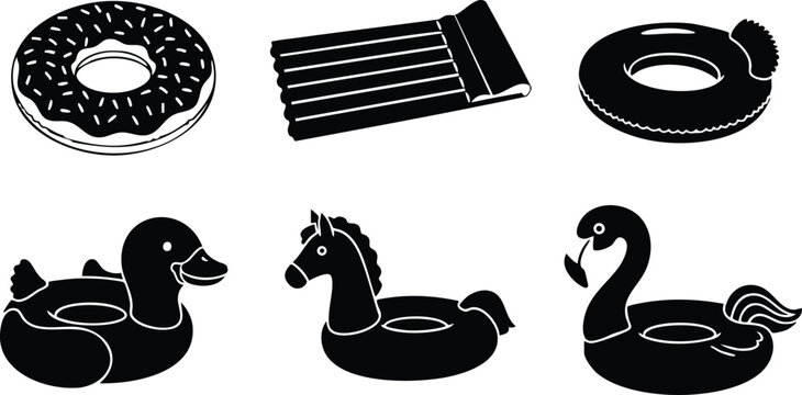 Black silhouette pool float inflatable ring donut swan duck horse summer water toy vector illustration