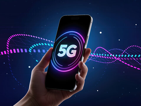 A bright 5G logo surrounded by neon rings on the smartphone held in hand. High-speed mobile technology.