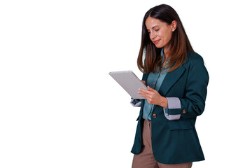 Businesswoman standing, using tablet, working with digital technology, professional corporate communication and data analysis on transparent background