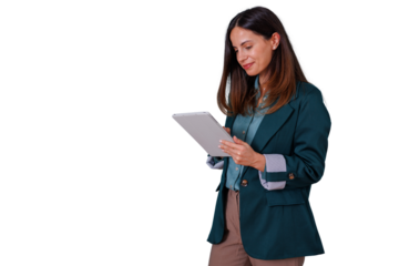 Businesswoman standing, using tablet, working with digital technology, professional corporate communication and data analysis on transparent background