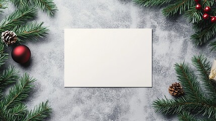 Create stunning holiday greetings with this blank card mockup surrounded by festive evergreen branches and ornaments for your personalized Christmas message
