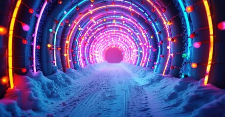 Fototapeta premium Bright tunnel glows with vibrant neon lights. Snow surrounds path leading toward distant purple light source. Dramatic perspective creates depth.