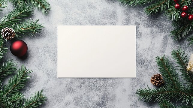 Create stunning holiday greetings with this blank card mockup surrounded by festive evergreen branches and ornaments for your personalized Christmas message