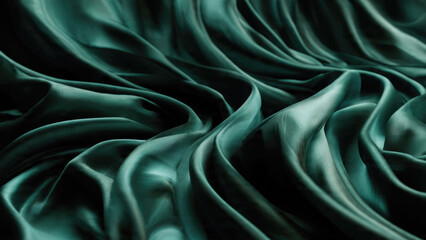 Obraz premium A luxurious, flowing fabric in a deep teal or emerald green, gracefully draped with soft highlights and shadows, creating an elegant abstract texture.