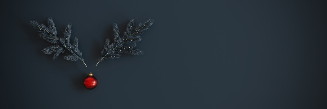 Minimalist Christmas composition featuring two pine branches arranged to resemble reindeer antlers. Christmas creative greeting card design with copy space and text. 3D Rendering, 3D Illustration - Powered by Adobe