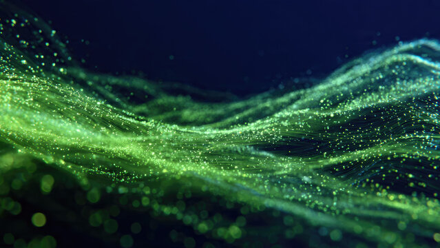 Dynamic green glowing particles flowing like waves on a dark background, representing data, energy, or technological connections.