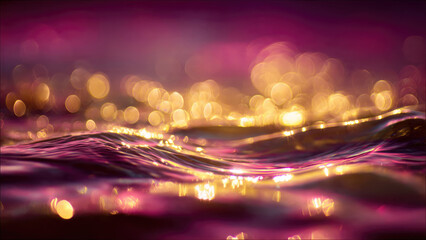 A mesmerizing abstract image featuring vibrant purple water waves reflecting golden bokeh lights against a dreamlike magenta background.