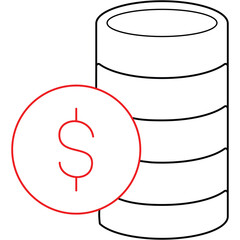 Simple Illustration of Stacked Coins with Dollar Sign Icon Against a Transparent Background in Black and Red Line Art Style