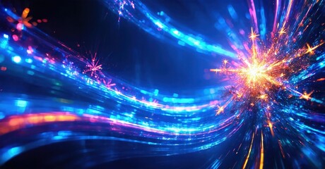 Fototapeta premium Bright energy explosion. Vivid blue, pink streaks radiate outward. Futuristic, dynamic visual effect. Intense light, motion blur present.