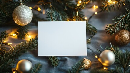 Elegant Christmas card mockup framed by sparkling ornaments and festive lights invites warm holiday greetings and joyful celebrations this winter season