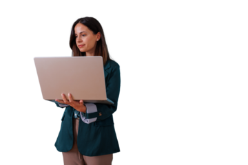 Businesswoman standing and holding a laptop, focused on a screen. Using portable technology for work and communication. Transparent background