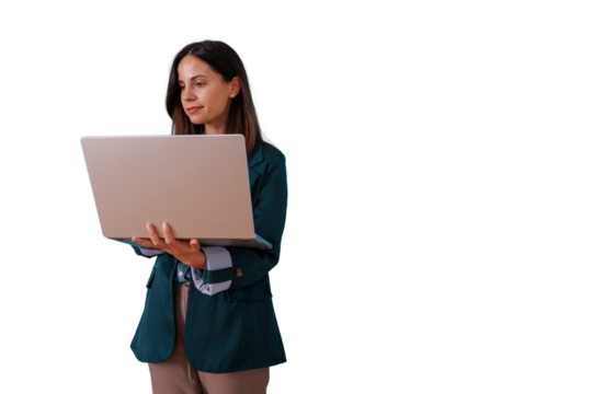 Businesswoman standing and holding a laptop, focused on a screen. Using portable technology for work and communication. Transparent background - Powered by Adobe