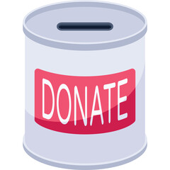 Simple Illustration of a White Donation Tin with a Red Label Bearing the Word Donate and a Slot for Coins on a Transparent Background