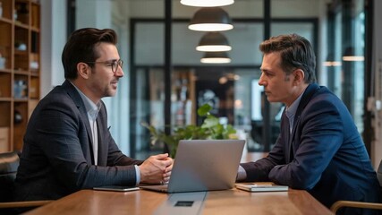 Dynamic business partners strategizing at modern office table, sharing ideas and innovative solutions for success in collaborative workspace