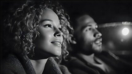Romantic couple enjoying an intimate movie night together at home, creating beautiful memories with loving expressions in black and white tones
