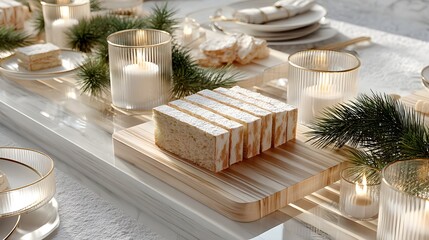 Elegant holiday dessert table setup with powdered sugar cake and glowing candles creating a warm and inviting atmosphere for celebration and gathering