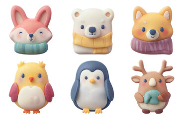 Obraz premium Charming 3D Clay-Style Christmas Critters with Soft Pastel Colors and Isolated Background