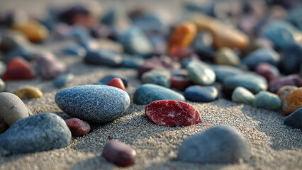 Vibrant, smooth pebbles of various colors lie scattered across a textured sandy beach. Natural light highlights their unique shapes, creating a serene coastal beauty.