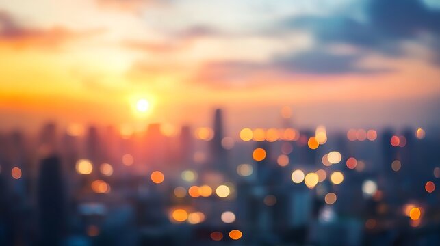 Dreamy sunset cityscape with bokeh lights creates a warm, inspiring vibe for travel, urban lifestyle, or modern business presentations and social media