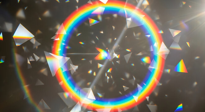 Abstract rainbow light refraction with geometric prism shapes
