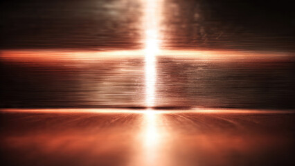 A glowing cross-shaped light reflects on a textured metallic surface, creating a warm, abstract background with horizontal brush strokes and vibrant copper tones.