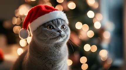 Adorable gray cat wearing a Santa hat, festive bokeh background, spreading holiday cheer and cute Christmas vibes for the season