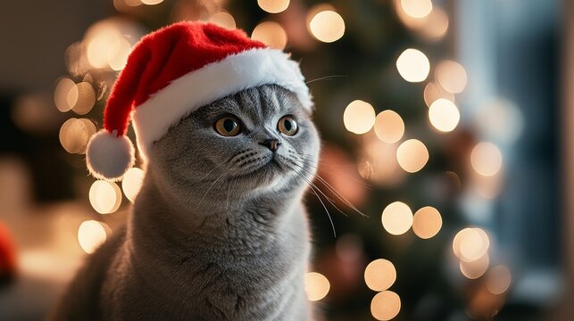 Adorable gray cat wearing a Santa hat, festive bokeh background, spreading holiday cheer and cute Christmas vibes for the season