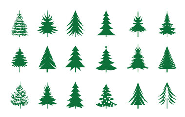Set green Christmas Trees. Vector Illustration and Icons