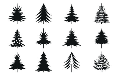 Set black Christmas Trees. Vector Illustration and Icons