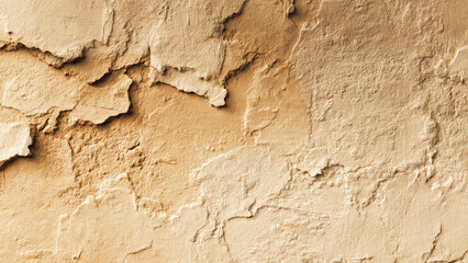 A close-up of a damaged, peeling light brown wall, showcasing rough textures, cracks, and an aged, distressed surface. It reveals decay.