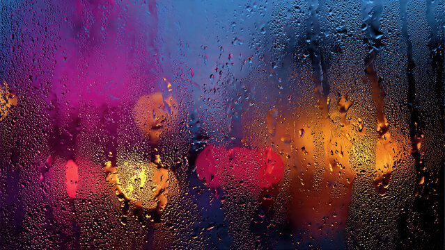 Rain-streaked window with vibrant, blurred city lights creating a beautiful, atmospheric bokeh effect, capturing a melancholic yet colorful urban night.