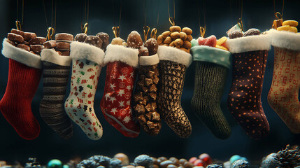A row of Christmas stockings filled with treats
