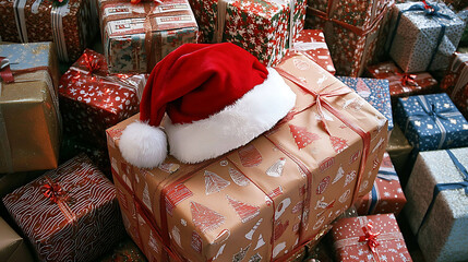 A Santa hat resting on a pile of wrapped presents