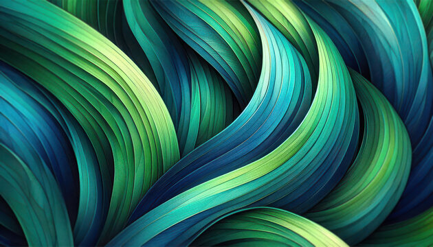 Abstract botanical design featuring green and turquoise leaves flowing in dynamic wave shapes, symbolizing nature, freshness, and sustainable ecology. Ideal for Earth Day themes, eco-friendly