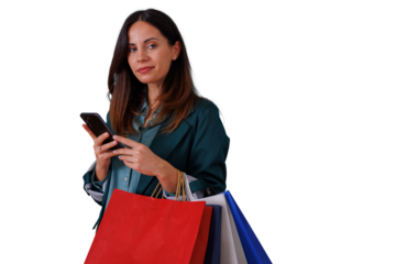 Woman shopping, holding a smartphone and colorful bags, engaging with digital commerce. The background is transparent