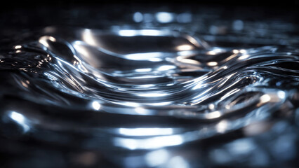 Abstract close-up of a dark, highly reflective liquid surface, showing dynamic waves and mesmerizing glowing light reflections. A modern, metallic, fluid motion concept.