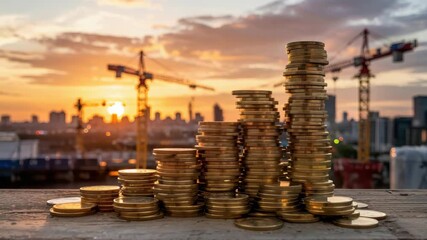 Dynamic time-lapse of coins growing with city construction at sunset shows financial investment and urban development, promising future growth - Powered by Adobe