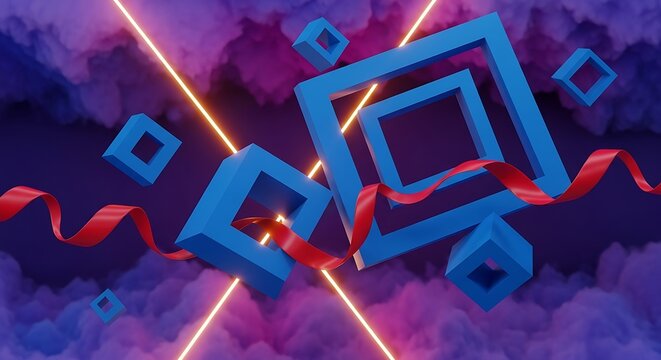 Abstract Arrangement with Geometric Shapes, Ribbon, and Cloudscape Backdrop