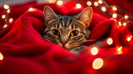 Adorable tabby cat nestled in cozy red blanket with glowing fairy lights for a heartwarming holiday scene and festive winter mood, perfect for pet lovers