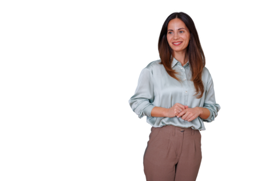 Professional businesswoman smiling, standing confidently in formal wear, ready for business and corporate success, transparent background