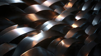Obraz premium Abstract close-up of shiny, interlocking metallic blades or helical threads, exhibiting a complex industrial pattern with strong reflections and textured surfaces.