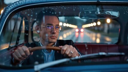 Determined man driving classic car on rainy city street at night, reflecting on the journey, a feeling of nostalgia and the open road ahead - Powered by Adobe