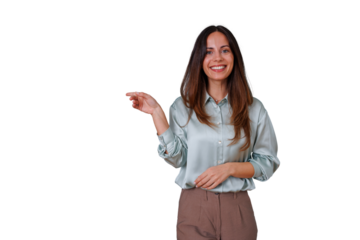 Smiling businesswoman pointing marketing advertising message copy space presentation information on transparent background