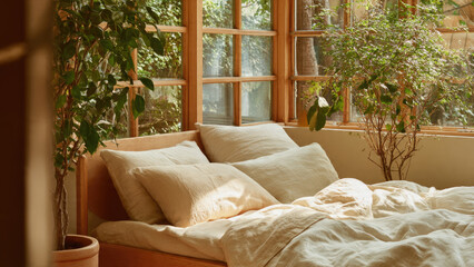 Inviting bedroom with soft linen bedding, sunlit wooden windows, and abundant greenery, offering a peaceful and natural aesthetic.