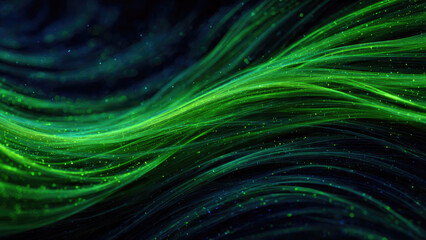 Abstract image featuring luminous green and blue wavy lines with sparkling particles on a dark background, suggesting digital flow or organic energy.