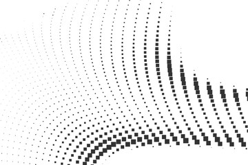 Bold angular halftone wave formed by increasing black square dots creating powerful geometric motion over a bright white background offering a striking abstract texture 