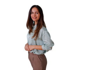 Professional woman smiling, looking away, hands folded, standing on transparent background, business and success concept