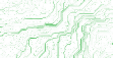 Green halftone data circuit pattern forming abstract flowing digital network background with dotted electronic pathways ideal for futuristic technology visuals and innovation themes